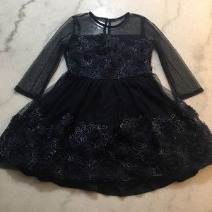 Navy Blue Long Sleeve Mesh Dress - Girls